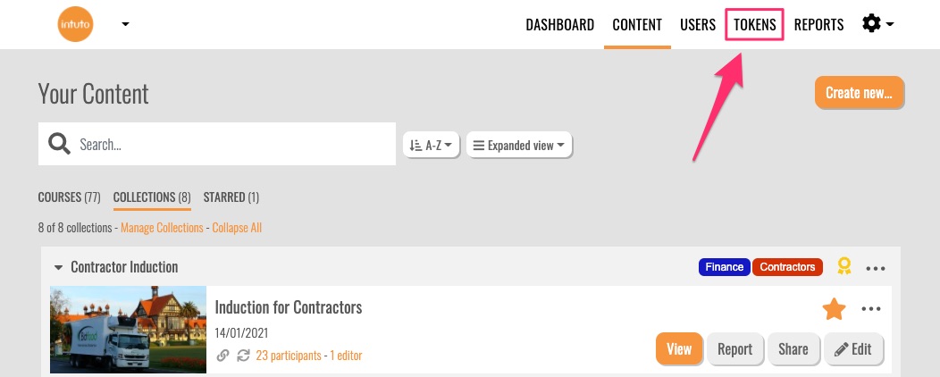 Intuto has introduced course tokens on the content page 